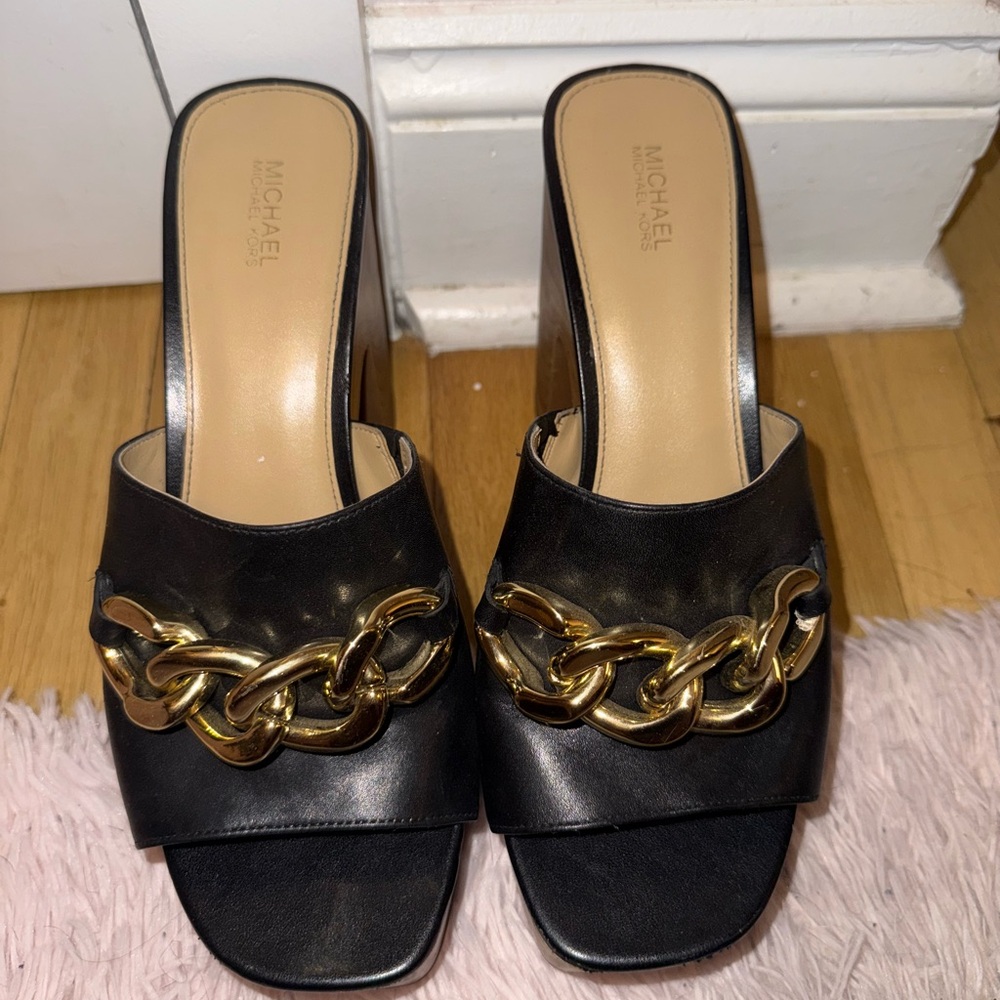 Michael Kors Black and Gold Chain Mules